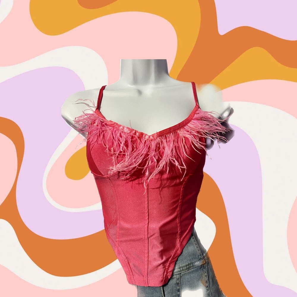 SHEIN hot pink feather faux corset style top size medium